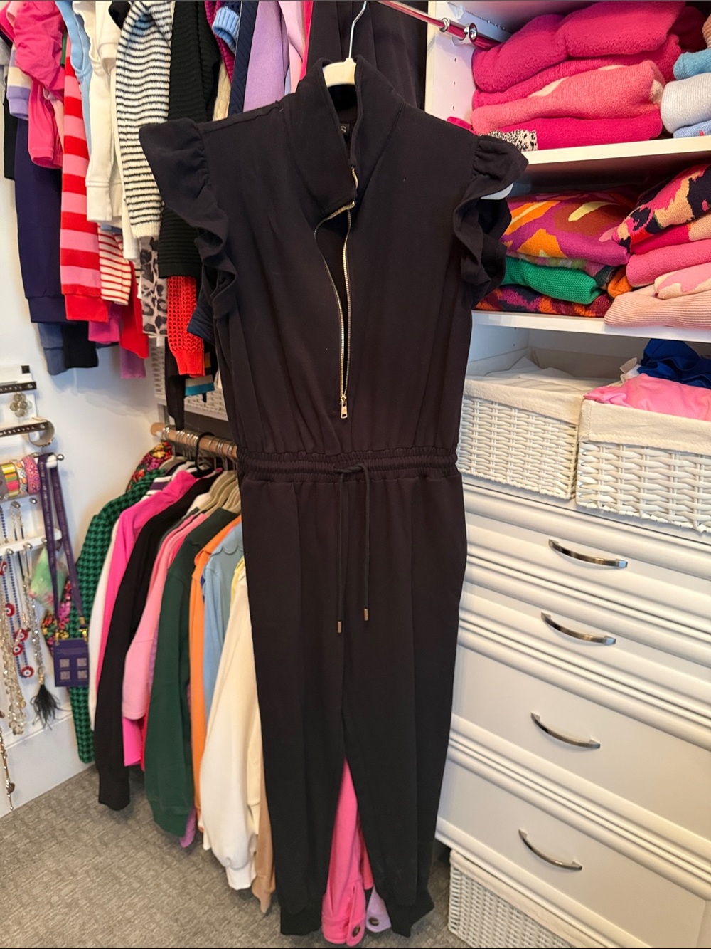 Black Long-Sleeve Ruffle-Sleeve Jumpsuit with Front Zip